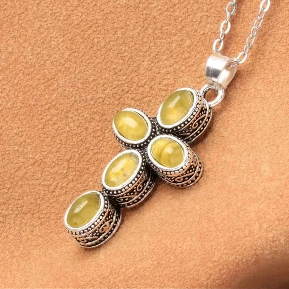 New Artisan Crafted Tanzanian Natural Canary Opal Cross Sterling Silver 2.00ct - Picture 4 of 9